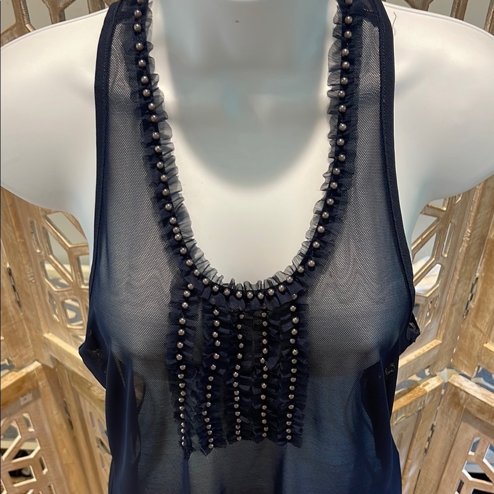 Twelve by Twelve Sheer Navy Blue Beaded Racer Back Tank Top size L - Picture 2 of 9
